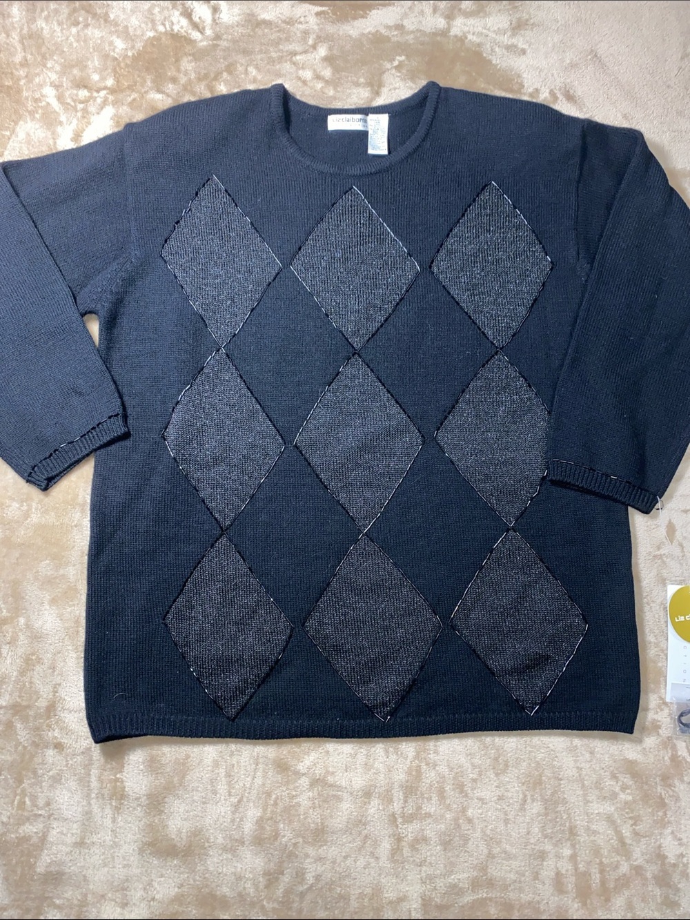 Liz Claiborne festive Black Argyle sequin Crewneck Sweater